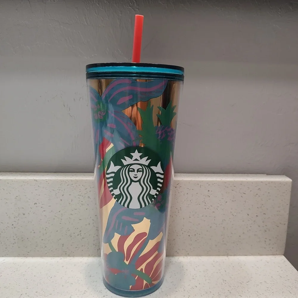Starbucks Summer 2022 Forest Dream Aqua Terra Floral 24oz Tumbler Cold Cup Straw
